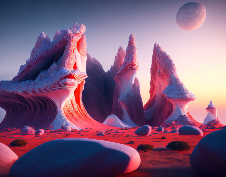 Alien landscape with pink rock formations, crimson sky, and large moon