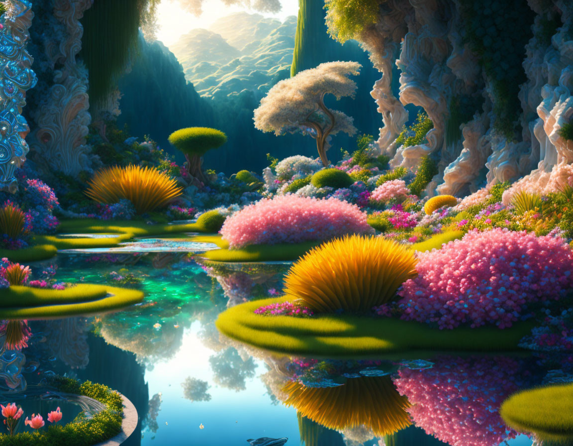 Tranquil fantasy landscape with vibrant flora and lily pads on reflective water