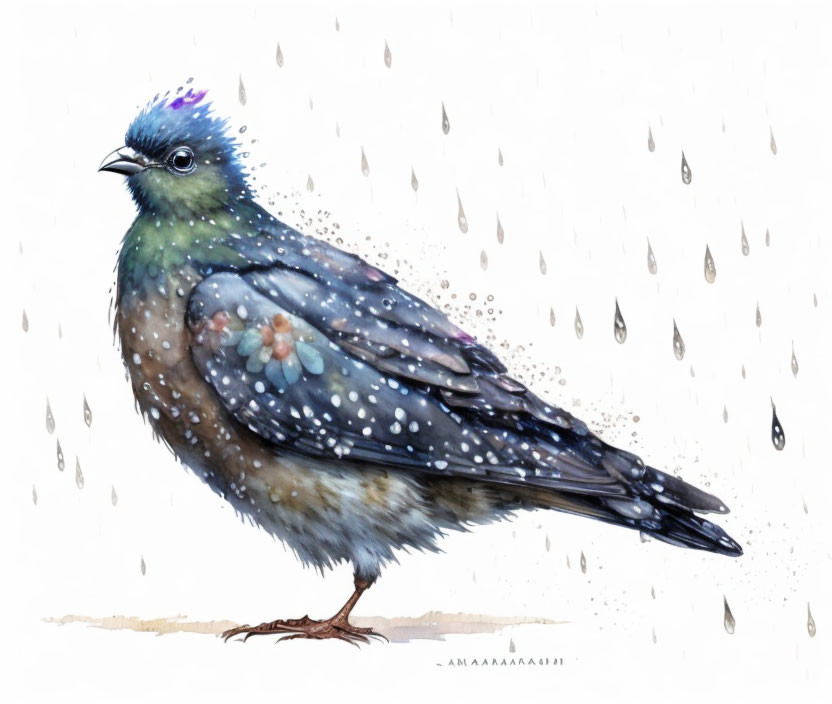 Vibrant bird illustration in blue and green plumage under raindrops