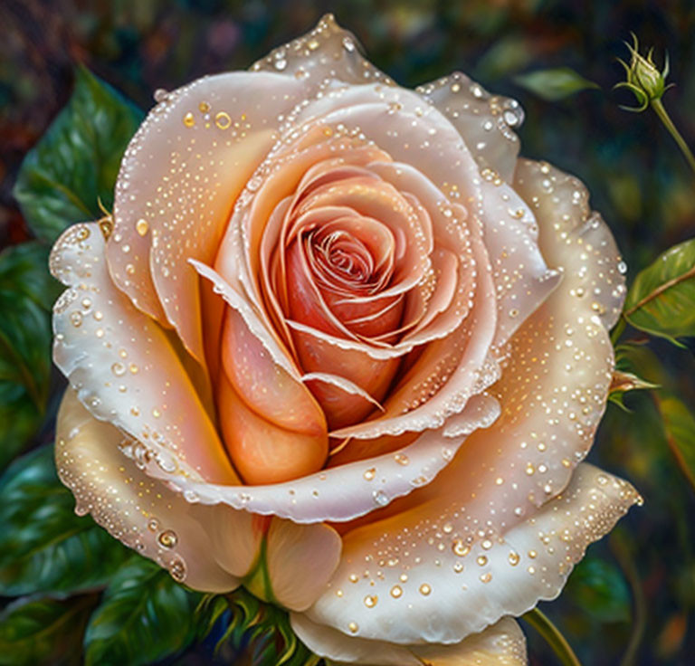 Detailed close-up of dew-covered peach-colored rose with intricate petals and dark leafy background