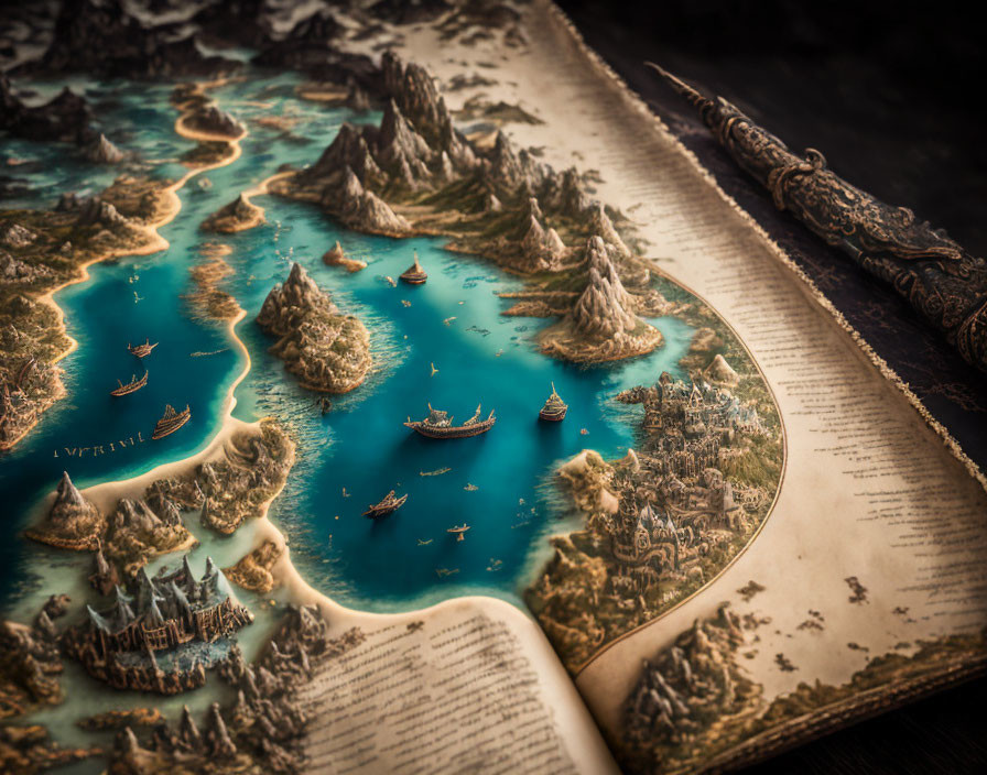 Detailed Fantasy Map Book: 3D Cities, Mountains, Forests, and Ships on Blue Seas