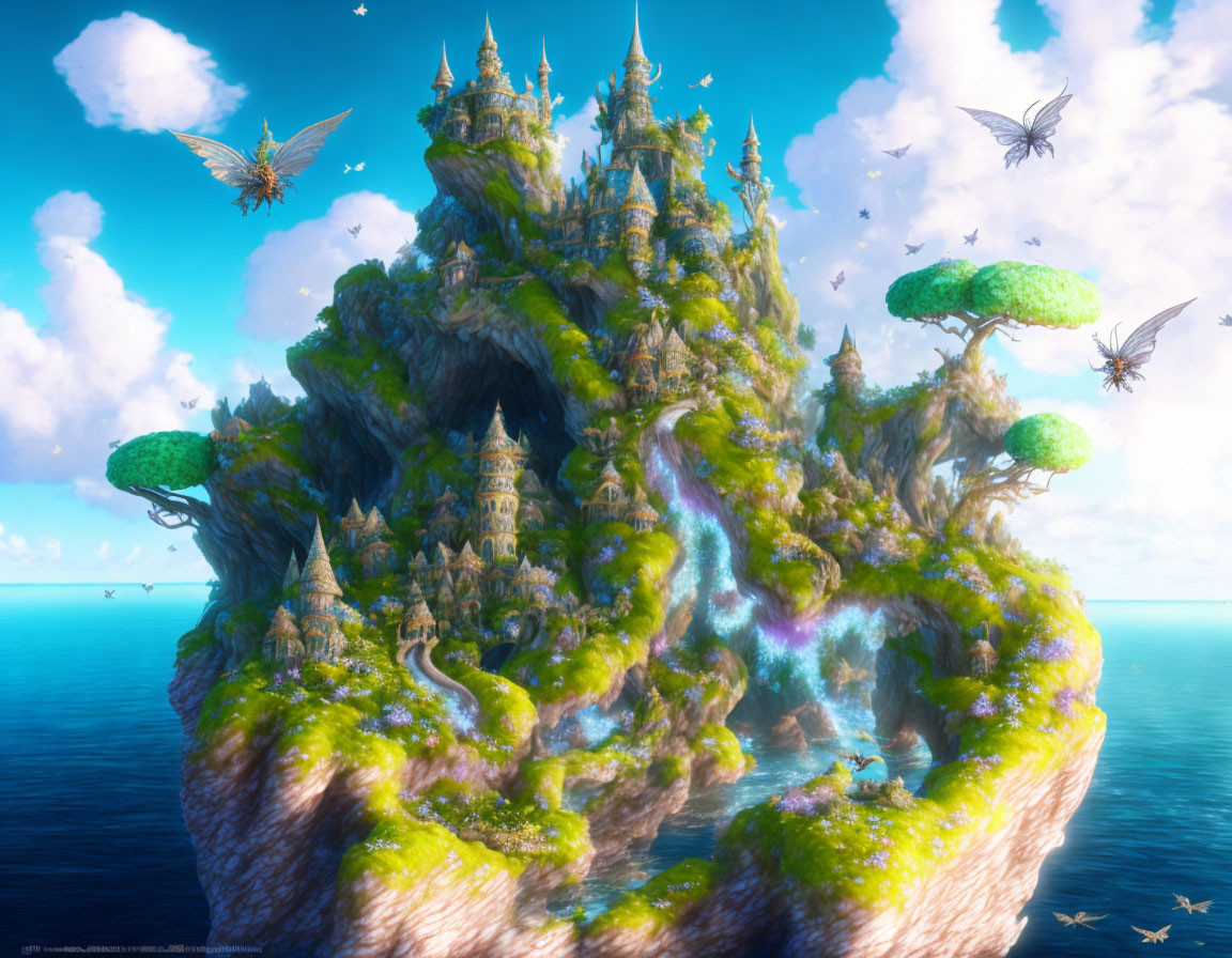 Fantastical Floating Island with Castles and Flying Creatures