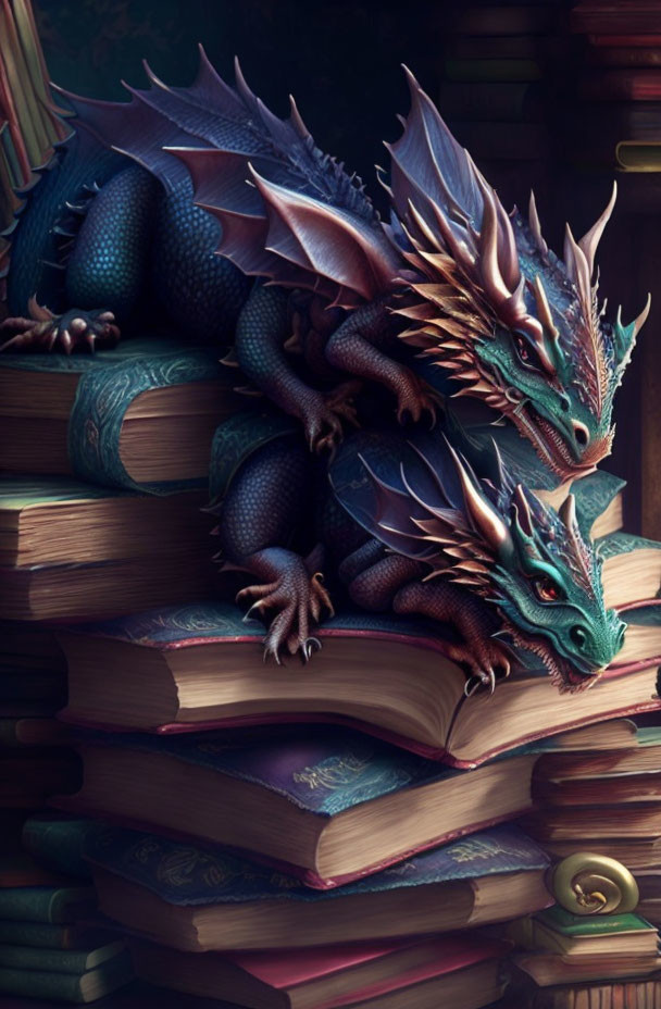Intricately Detailed Dragons on Antique Books Display