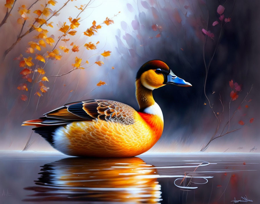 Colorful Duck with Intricate Feather Patterns Floating on Calm Waters