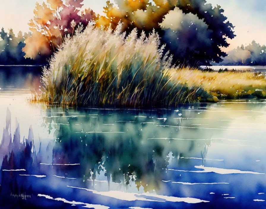 Serene watercolor painting of tall grasses by a lake