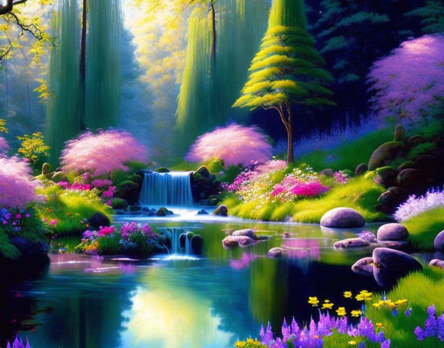 Colorful Fantasy Landscape with Waterfall and River