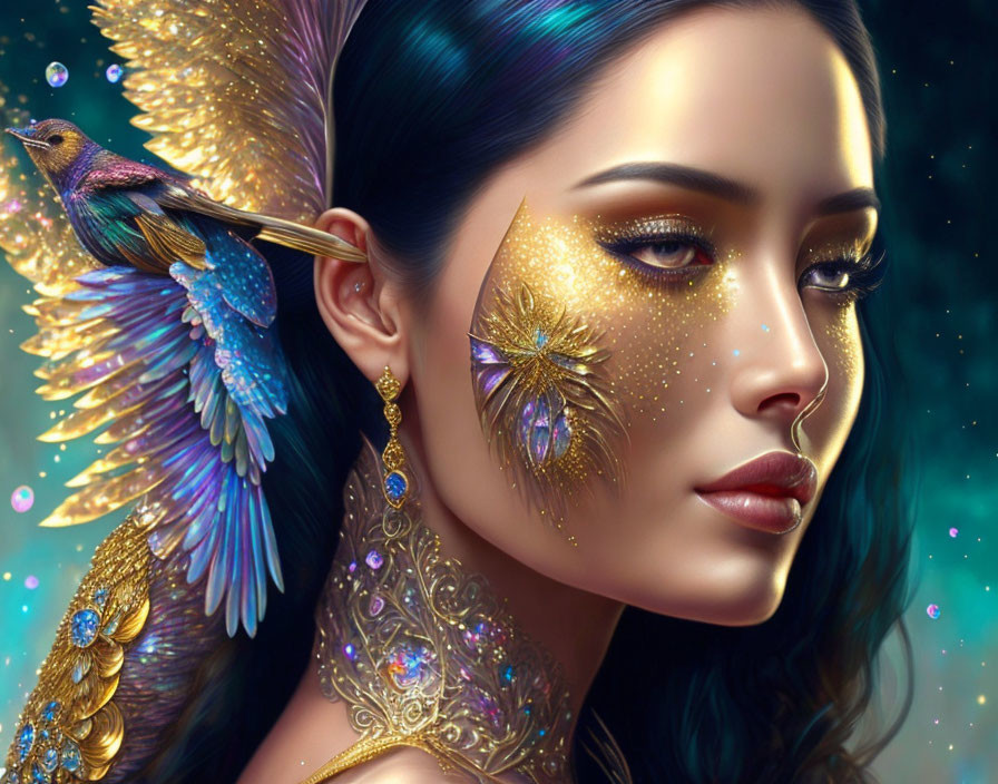 Digital artwork featuring woman with vibrant gold makeup and hummingbird, ornate feather-like accessories