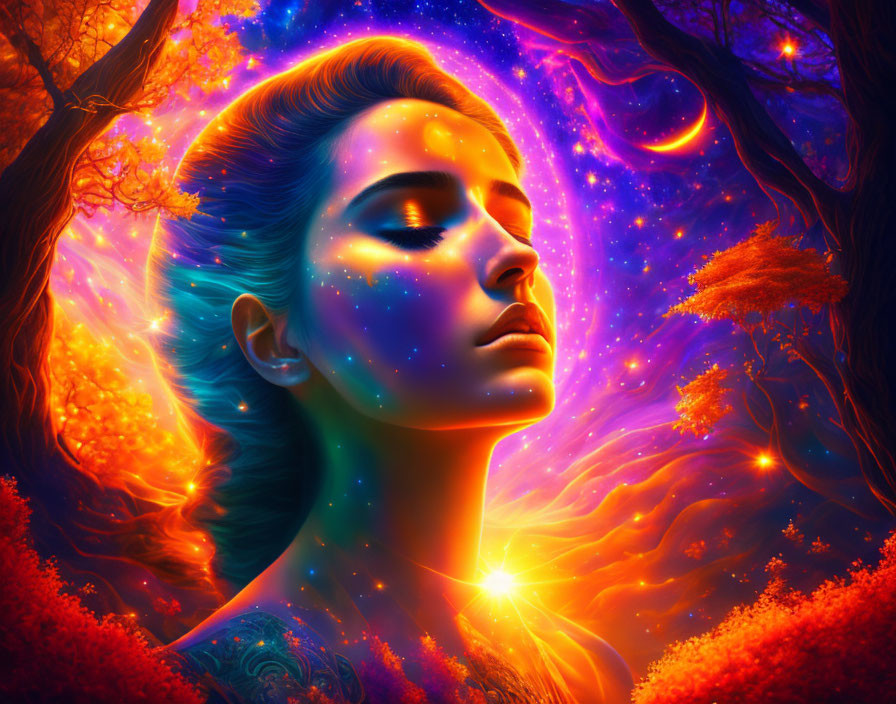 Colorful cosmic woman in luminous forest landscape