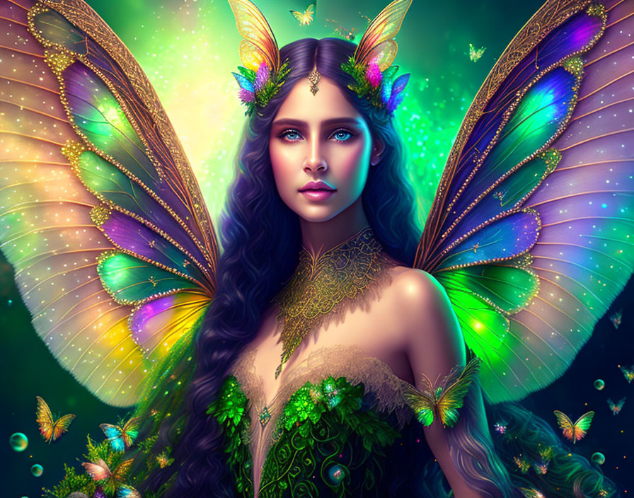Mythical fairy with vibrant butterfly wings and floral adornments
