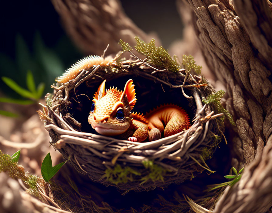 Orange and White Gecko with Blue Eyes in Bird's Nest on Branches