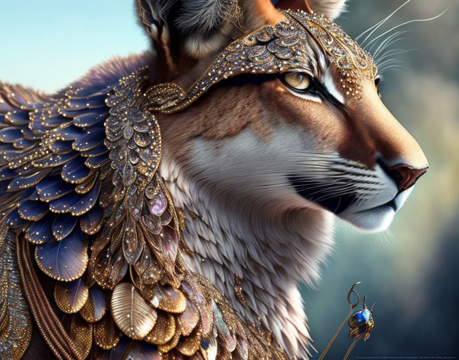 Regal lynx in golden armor with feathered companion