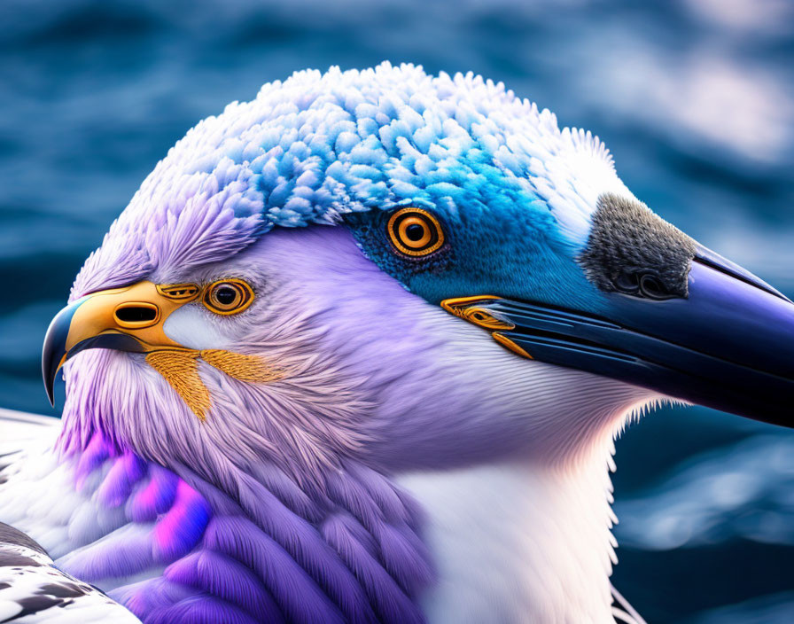 Vibrant bird with blue, white, and yellow feathers on blurred blue backdrop