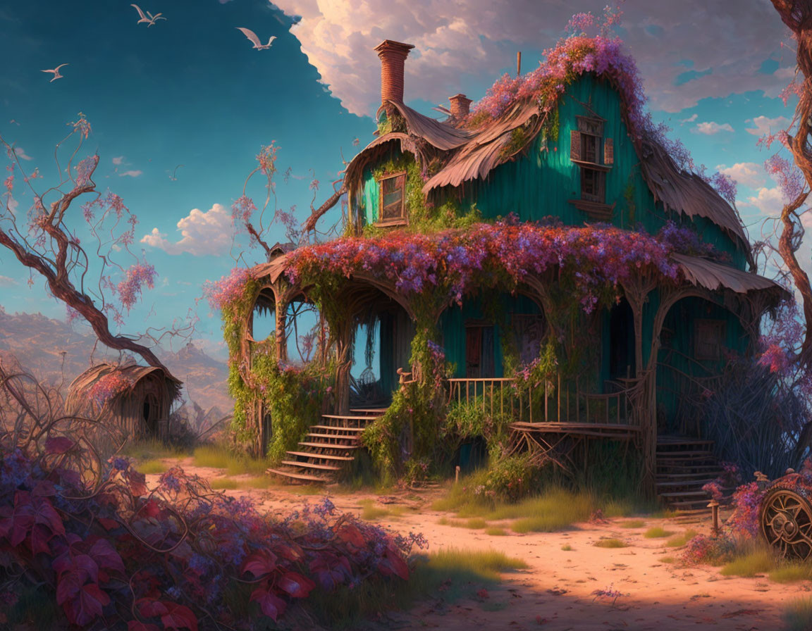 Overgrown cottage with vibrant flowers in serene landscape