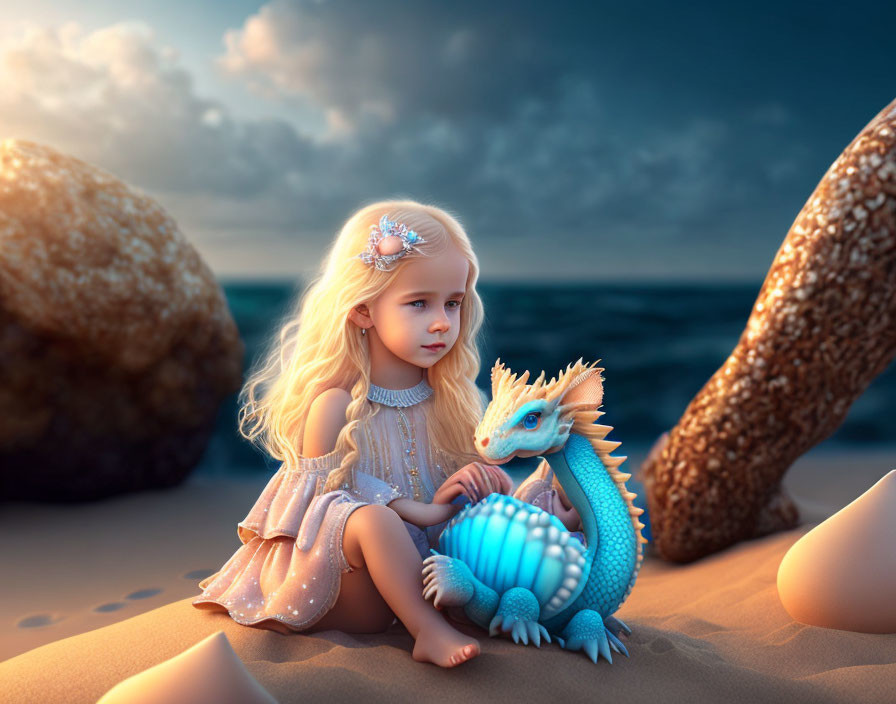 Blonde girl with blue dragon on beach at dusk