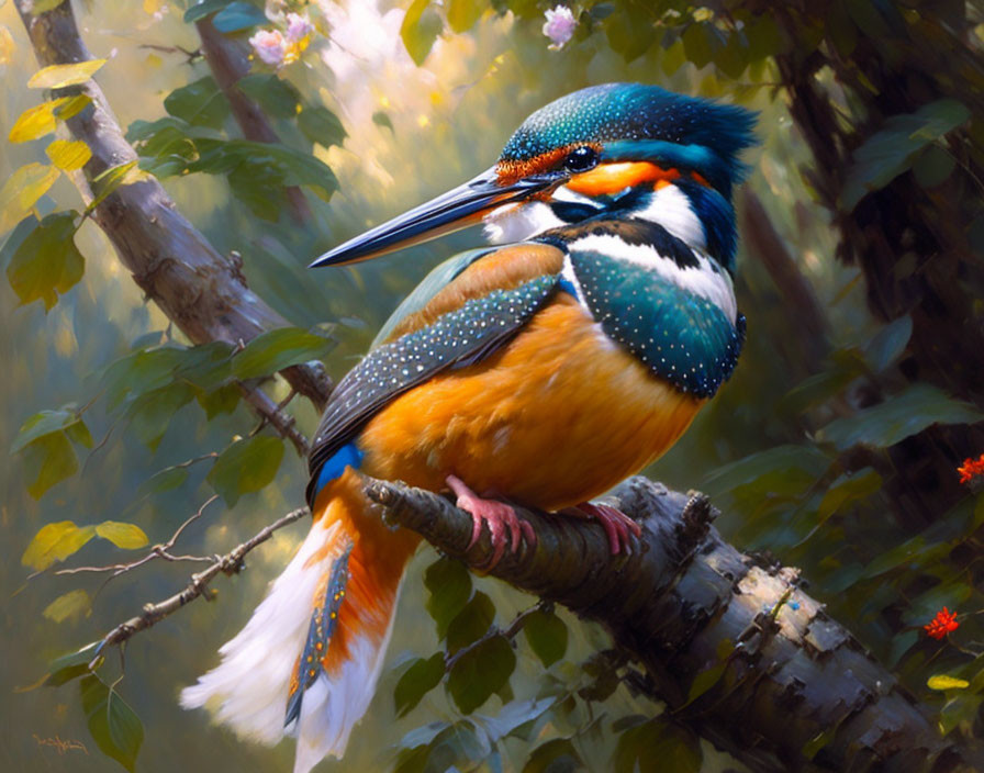 Colorful kingfisher bird perched on tree branch with green foliage