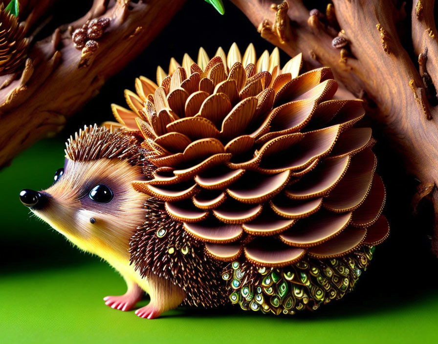 Digitally altered hedgehog with golden scales and peacock feather patterns.