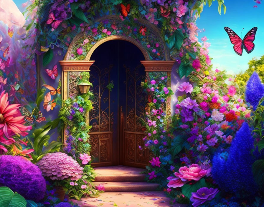 Colorful Garden Entrance with Wooden Arched Door & Butterflies