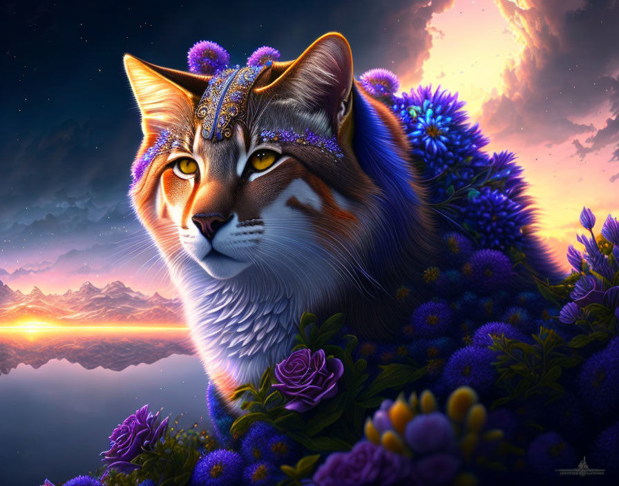 Majestic cat with decorative headpiece among purple flowers at sunset