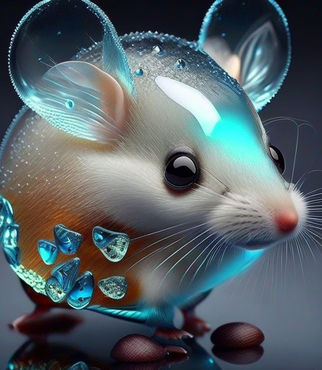 Digital Art: Whimsical Mouse with Crystal Growth and Blue Lights