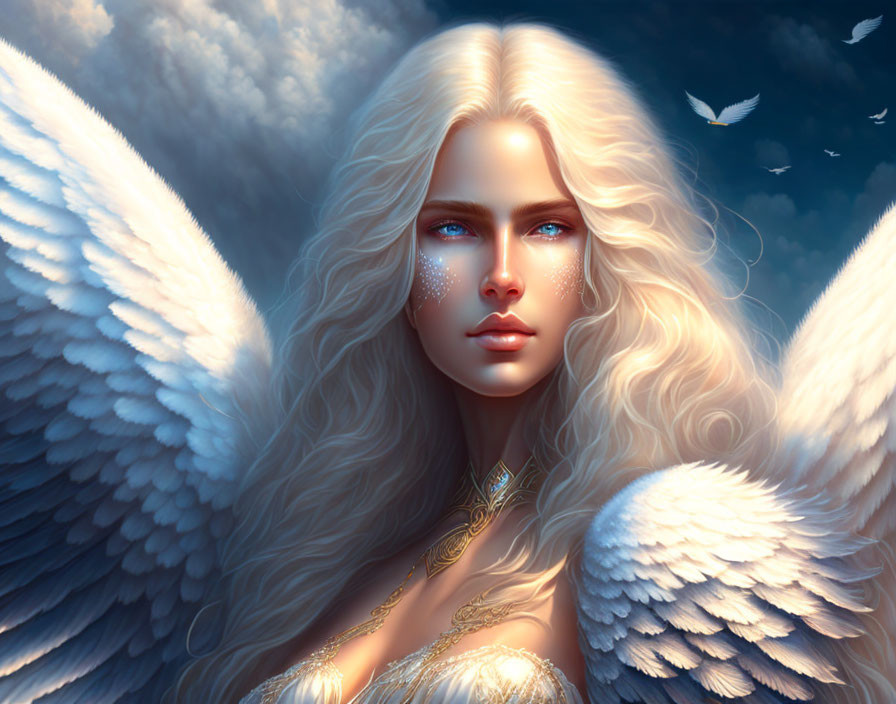 Digital painting of angelic figure with white wings, blond hair, blue eyes, and floating feathers