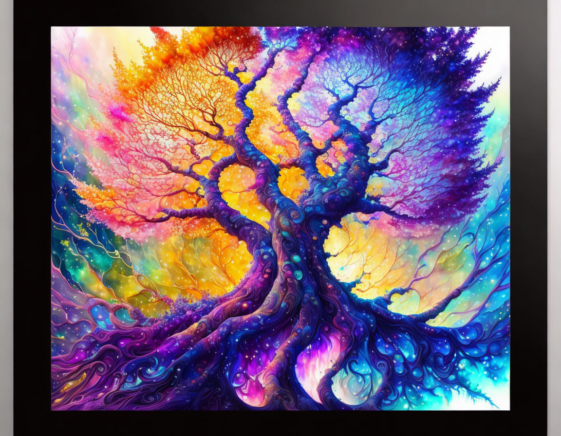 Colorful Whimsical Tree Painting in Purple, Blue, Orange & Yellow