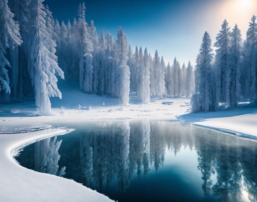 Snow-covered trees and calm lake in serene winter scene