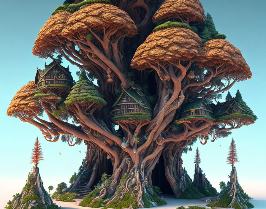 Fantastical image of giant tree with intricate tree houses in dense canopy