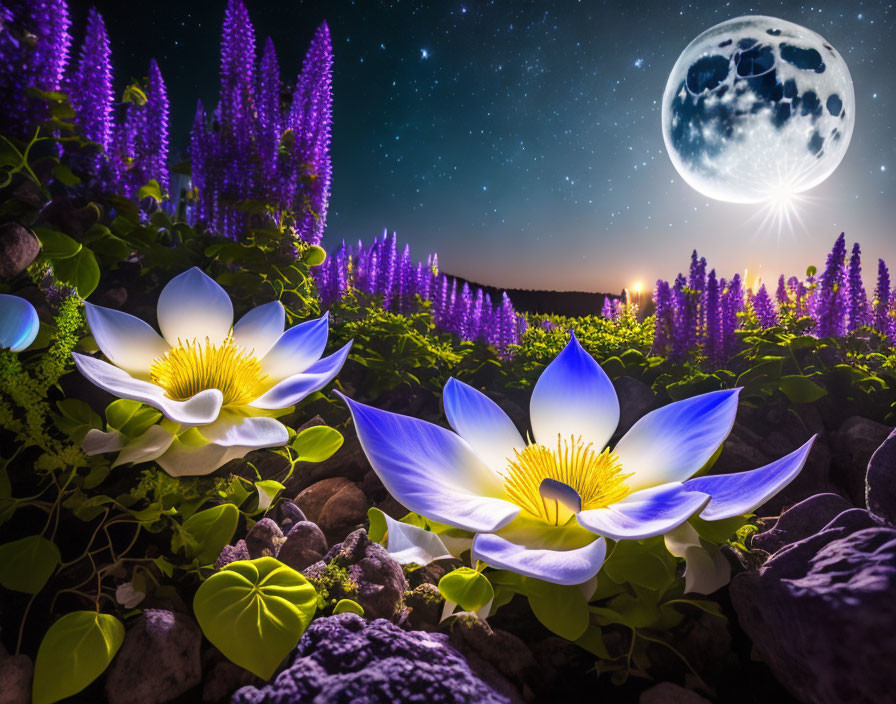Vibrant night scene with glowing lotus flowers, moon, and starry sky.