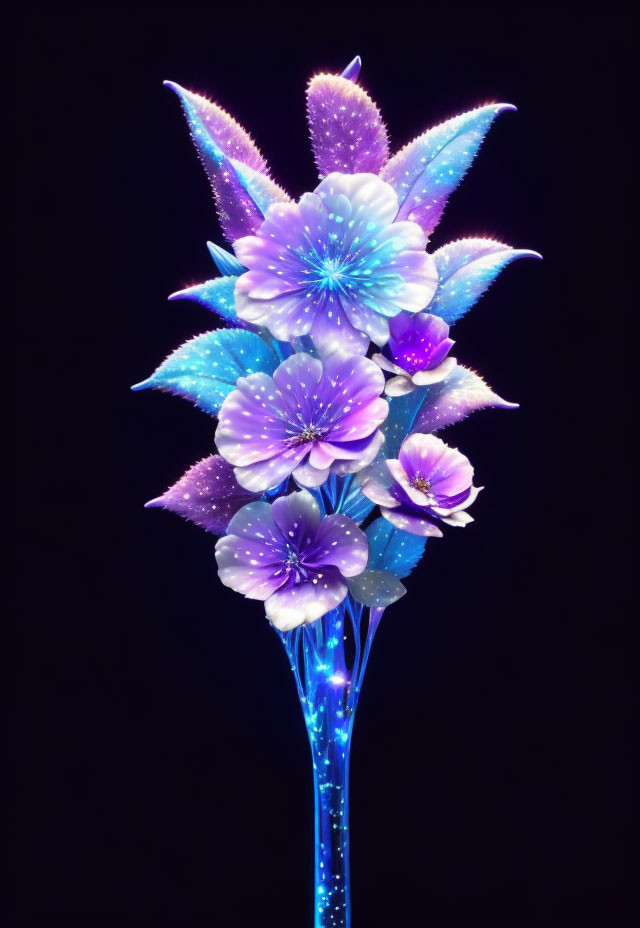 Colorful neon flowers on dark background: blue and purple hues