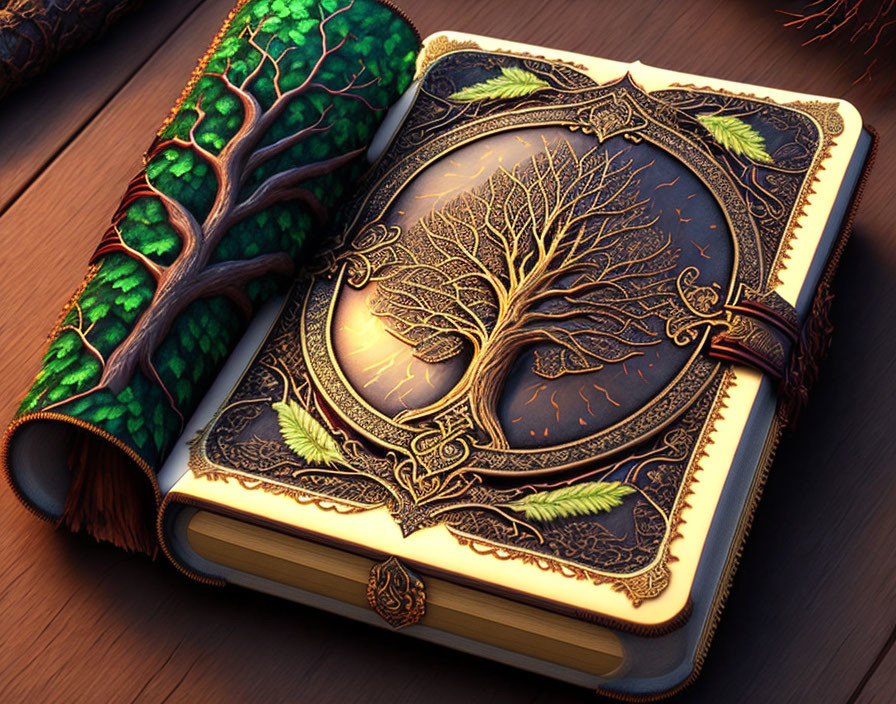 Ornate book with golden tree cover design and glowing green crystal staff