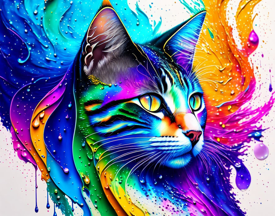 Colorful cat face art merging with vibrant paint splashes on white background