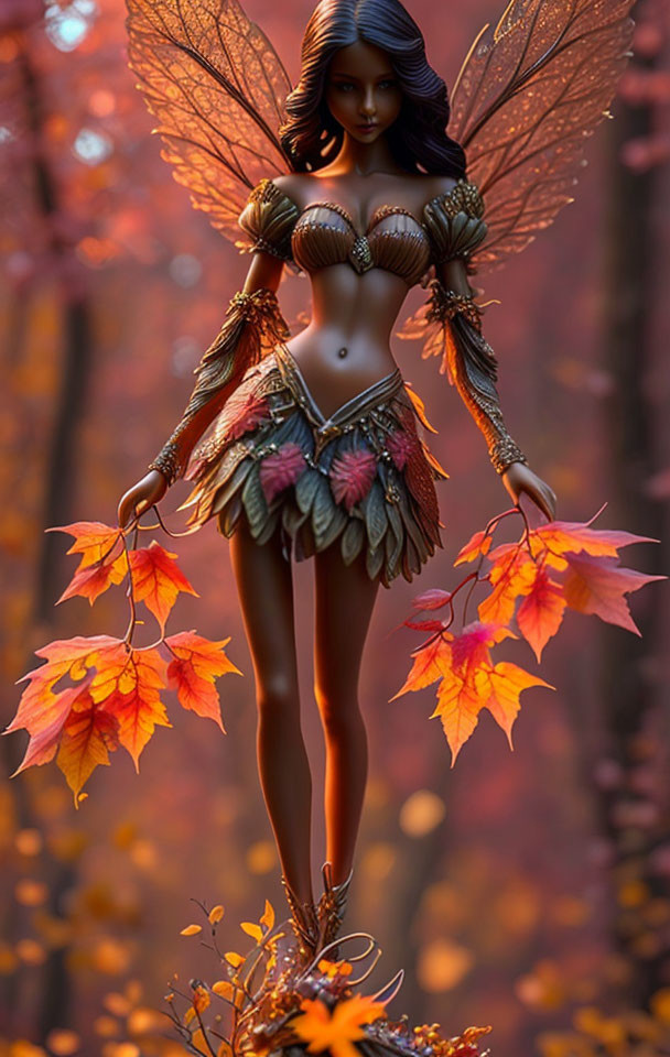 Intricate autumn-themed fairy figurine with blurred fall background