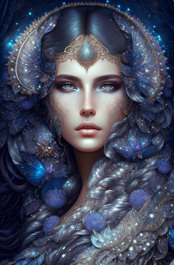 Ethereal fantasy portrait of woman with blue and silver ornate headdress and butterfly motifs