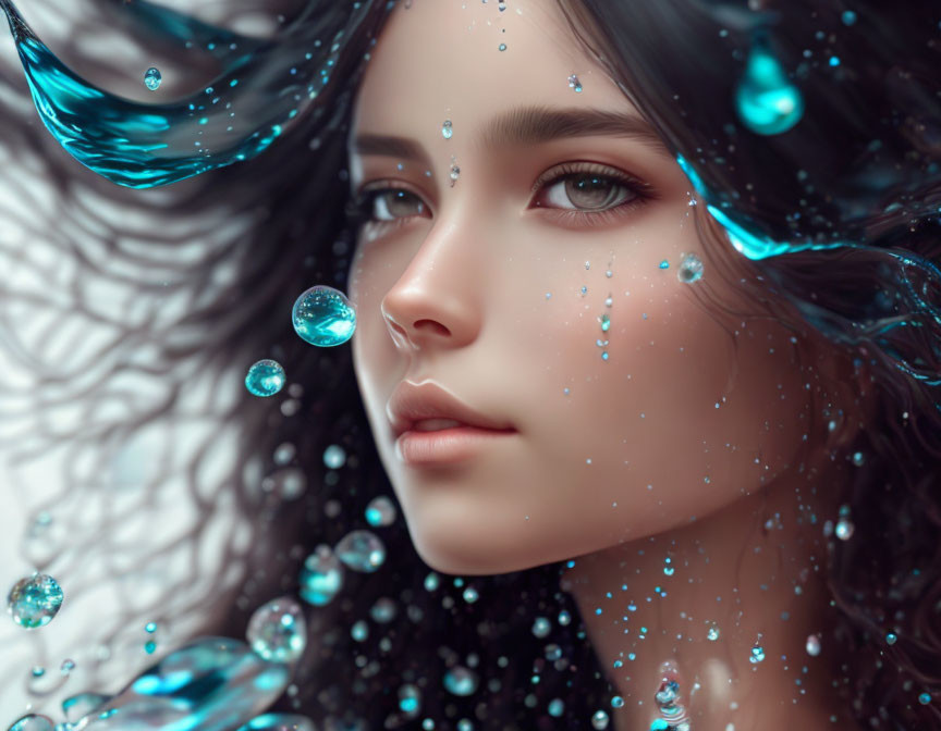 Dark-Haired Woman with Blue Droplets in Mystical Underwater Setting