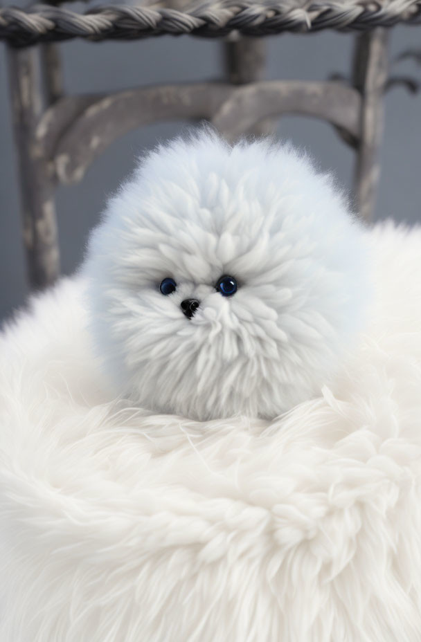 Fluffy white toy dog with blue eyes on white blanket against gray background