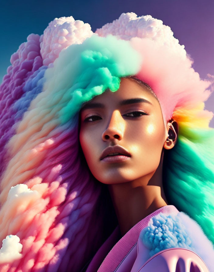 Vibrant portrait of a woman with multicolored cloud-like backdrop