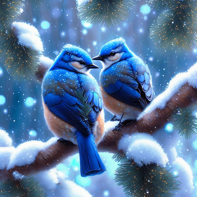 Vibrant blue birds on snow-covered branch with falling snowflakes