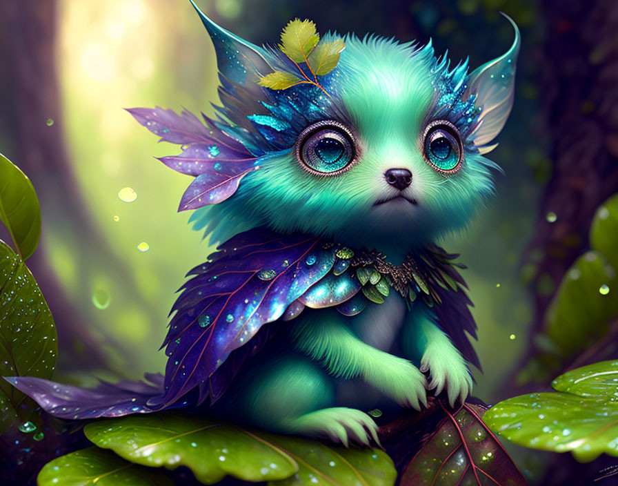 Vibrant green creature with blue ears and wings in lush setting