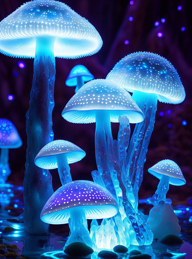 Luminous blue and white glowing mushrooms on purple background