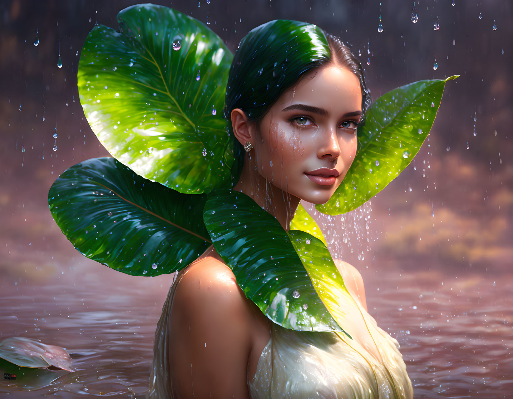 Woman with Wet Hair and Sleek Makeup Surrounded by Raindrop-Covered Leaves