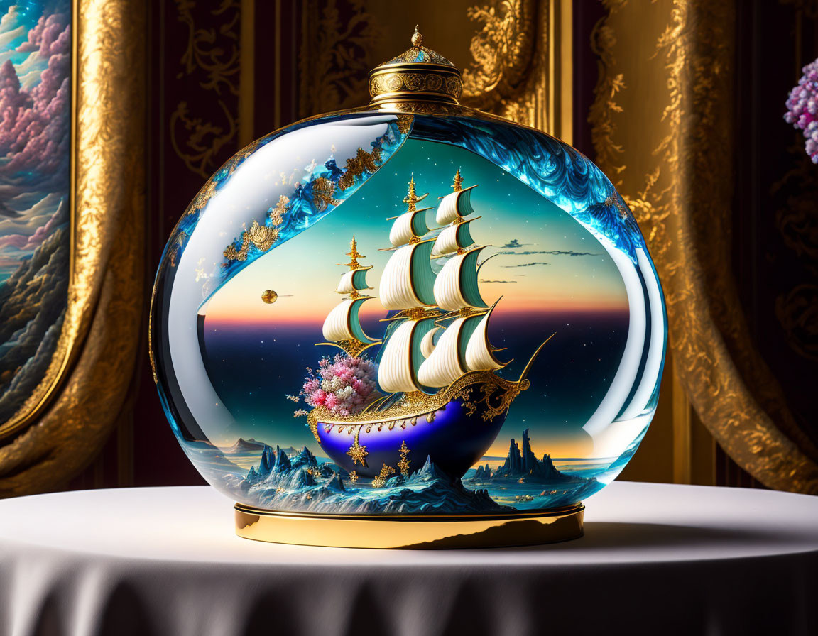Egg-shaped sailing ship and floral motif on ocean backdrop.