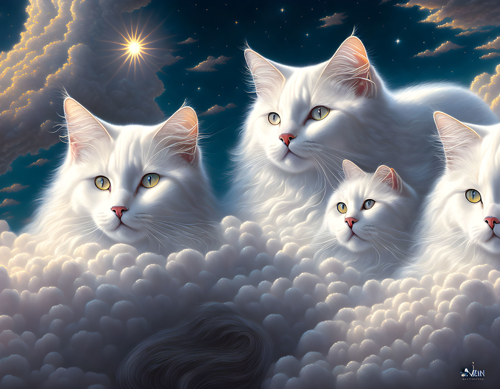 Four White Fluffy Cats in Cloudy Starry Sky