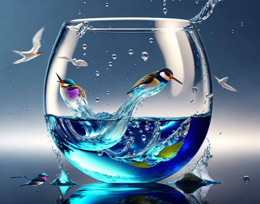 Colorful Birds in Glass with Water Splash on Blue Background