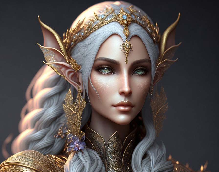 Fantasy digital artwork of a female elf with gold headpiece and armor