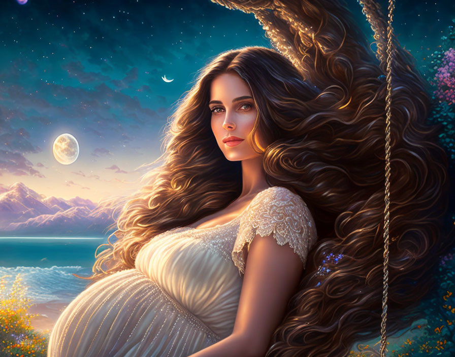 Digital artwork: Woman with long hair by the sea under starry sky