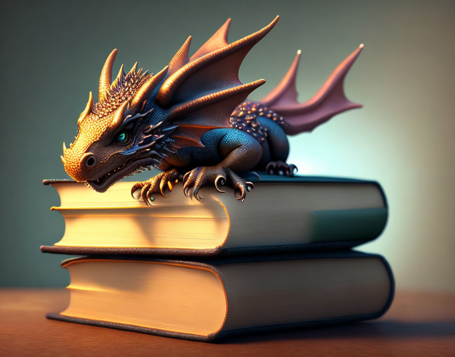 Detailed 3D Dragon on Hardcover Books with Warm Backlit Ambiance