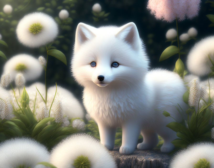 White Fox Pup with Blue Eyes in Dandelion Field