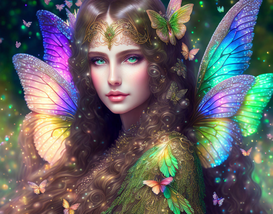 Fantasy illustration of woman with butterfly wings and ethereal butterflies in starry background