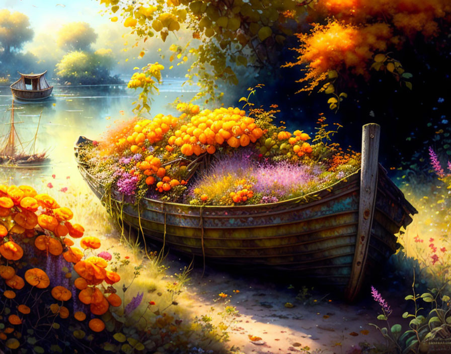Wooden boat filled with flowers near autumn trees by riverbank
