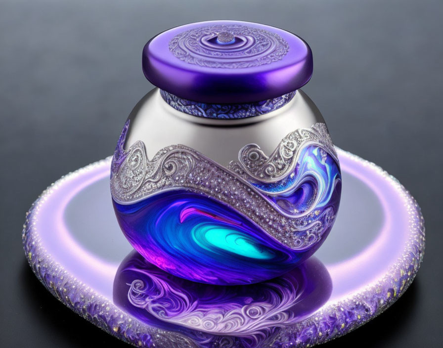 Intricate purple and blue designed perfume bottle with sparkling silver accents